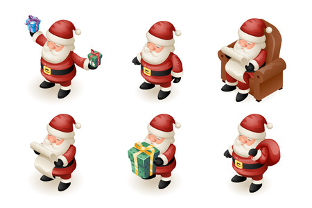 Santa Claus Isometric 3d Read Gift List Sit Armchair Character Sit Armchair Giftbag Icon Holiday Fireplace Background Cartoon Greeting Card Template Poster Vector illustrationのイラスト素材