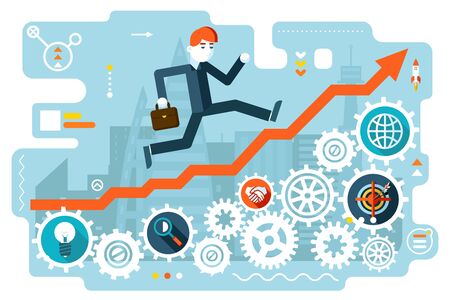 Businessman Running to Success on Infographic Stairs Symbol Gears icons City Background Flat Design Vector Illustrationのイラスト素材