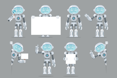 Different poses, boy teen robot artificial intelligence. Futuristic interface information. Flat design vector illustration.のイラスト素材