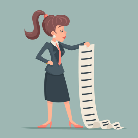 Businesswoman long list work offer deed sign document character icon retro cartoon design vector illustrationのイラスト素材