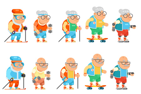 Fitness granny grandfather adult healthy activities old age man and woman characters set cartoon flat design vector illustration.のイラスト素材