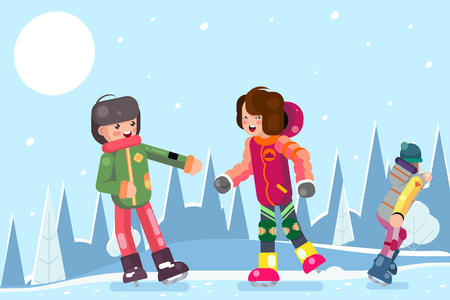 Teenagers girl guy characters skating winter flat design vector illustrationのイラスト素材