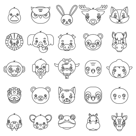 Lineart Isolated animals cute baby cartoon cubs flat design head icons character set vector illustrationのイラスト素材