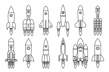 Lineart space rocket start up launch symbol innovation development technology design icons set template vector illustrationのイラスト素材