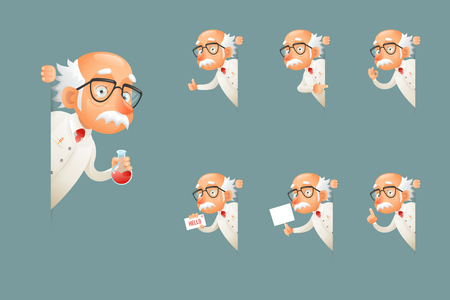 Adult Scientist Character Old Grandfather Wise Look Out Corner Icons Set Cartoon Design Vector Illustrationのイラスト素材