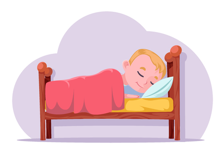 Cute cartoon boy sleep in bed good dream rest character vector illustrationのイラスト素材