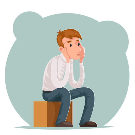 Making decision pensive businessman sits box think character icon cartoon design template vector illustrationのイラスト素材