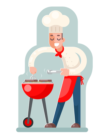 Cook cooks meat grill flat design vector illustrationのイラスト素材