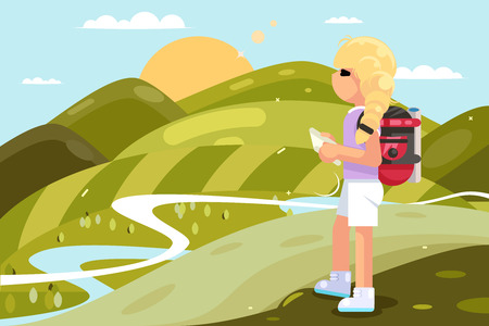 Traveler female girl backpack looking map nature landscape flat design vector illustrationのイラスト素材