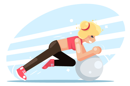 Girl fitball fitness women health exercise female sport flat design vector illustrationのイラスト素材