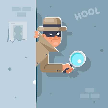 Look our corner spy magnifying glass mask detective cartoon character flat design vector illustrationのイラスト素材