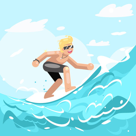 Surfer chatacter surfboard ride sea water ocean wave flat designのイラスト素材