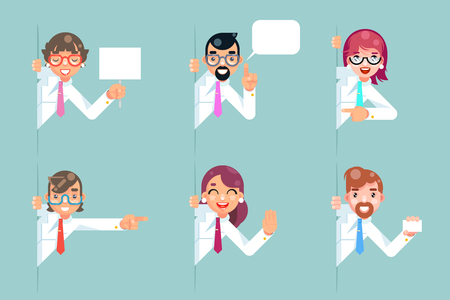 Office workers cartoon support help business consultation advice looking out corner characters set solution flat design vector illustrationのイラスト素材