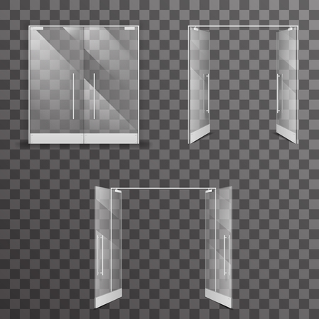 Open closed inside out transparent isolated shop double doors realistic glass architectural interior design elements set vector illustrationのイラスト素材