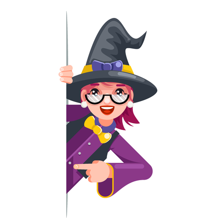 Cute witch cartoon support help consultation advice promotion looking out corner halloween character solution flat design vector illustrationのイラスト素材