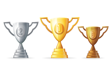 Gold silver copper victory award cup prize realistic 3d trophy isolated icons design vector illustrationのイラスト素材