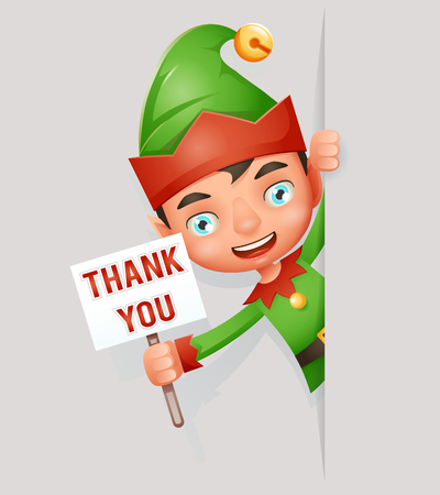 Thank you poster look out corner boy elf cute christmas santa claus helper cartoon character vector illustrationのイラスト素材