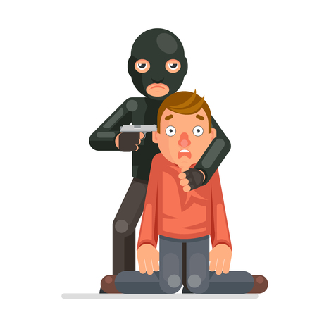 Terrorist hostage criminal thief gun character crime threat buyout request flat design vector illustrationのイラスト素材