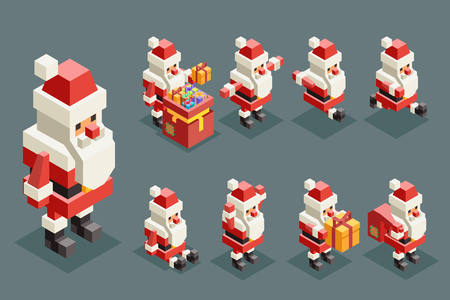 Santa claus christmas old man lowpoly polygonal grandfather new year isometric isolated 3d icons set flat cartoon design Vector Illustrationのイラスト素材