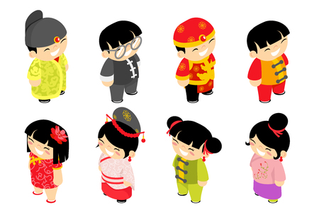 Cute isometric chinese children characters new year celebration party holiday icons set flat design vector illustrationの写真素材
