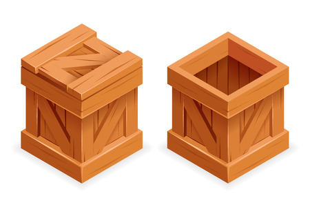 Wooden box open closed 3d isometric realistic design vector illustrationのイラスト素材