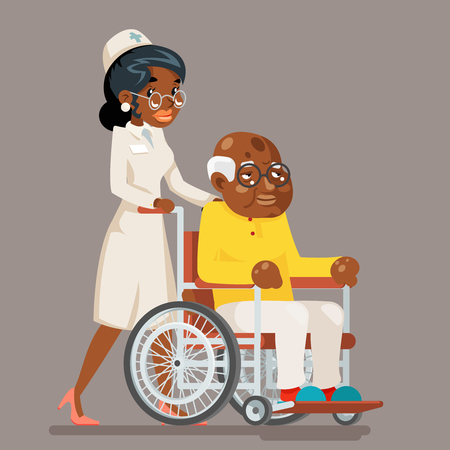 African afro american european doctor attendant nurse elderly caring wheelchair old man character sit adult cartoon design vector illustrationのイラスト素材