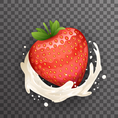 Milk cream curl splash drops fruit strawberry realistic transparent background 3d design vector illustrationのイラスト素材