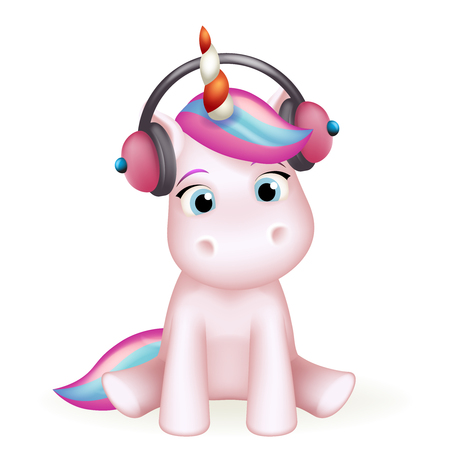 Cartoon cute unicorn headphones listen music 3d isolated design vector children Illustrationのイラスト素材