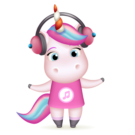 Happy girl unicorn headphones listen music isolated cute 3d cartoon design vector children Illustrationのイラスト素材