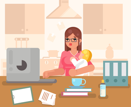 Working woman child home room interior background flat design concept template vector illustrationのイラスト素材