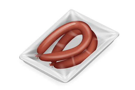 Sausage meat food pack isolated isometric disposable package box realistic 3d shop design vector illustrationのイラスト素材