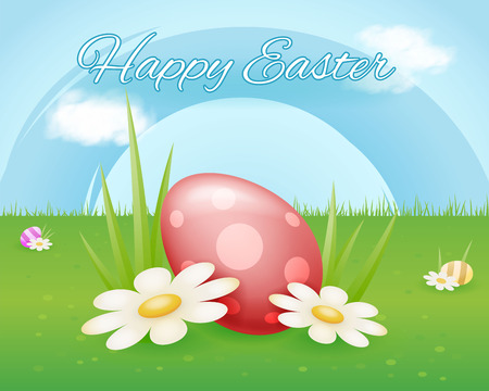 Colorful painted easter egg on flower grass sky clouds background sping holiday template cartoon design vector illustrationのイラスト素材