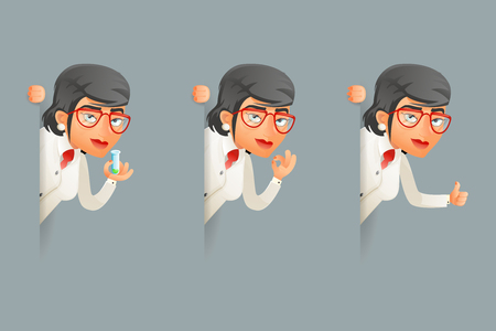 Look out corner women professor expert scientist genius character icons set retro design cartoon vector illustrationのイラスト素材