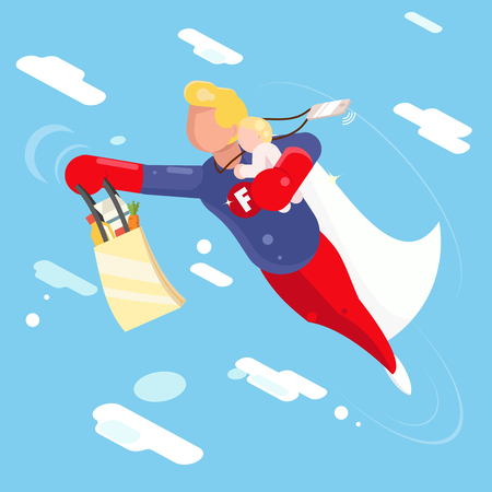 Super hero modern father flying sky clowds child in hand character flat design vector illustrationのイラスト素材