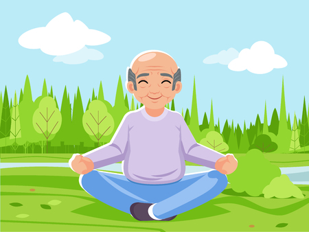 Old man grandfather outdoor nature park fitness meditation adult yoga health cartoon character design vector illustrationのイラスト素材