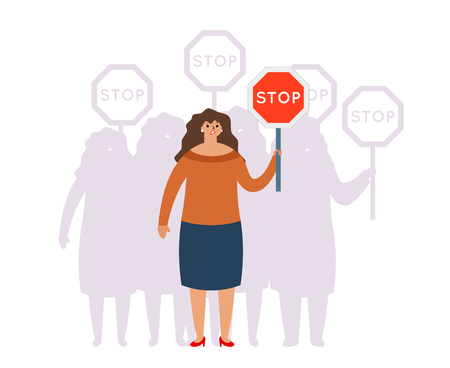 Crowd group union fight for equal rights stop sign women fighting unity gender inequality demand female male characters concept modern flat design vector illustrationのイラスト素材