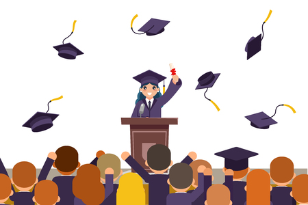 Students celebrate rejoice flying graduation hats tribune speech crowd female graduate solemn character isolated on white flat design vector illustrationのイラスト素材
