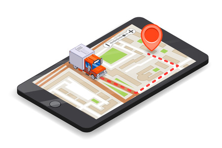 Smartphone logistic mobile delivery tracking app isometric 3d truck pin city street map flat design isolated on white vector illustrationのイラスト素材