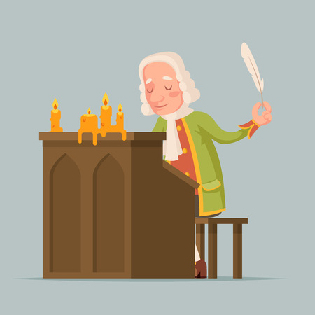 Chronicler noble writer scribe playwright medieval aristocrat periwig pen music stand scroll candles cartoon mascot design vector illustrationのイラスト素材