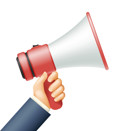 Hand hold megaphone important announcement hiring recruitment advertising realistic 3d cartoon design vector illustrationのイラスト素材