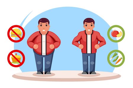 Beauty figure body diet fat man character lose overweight health refusal junk food flat cartoon design vector illustrationのイラスト素材