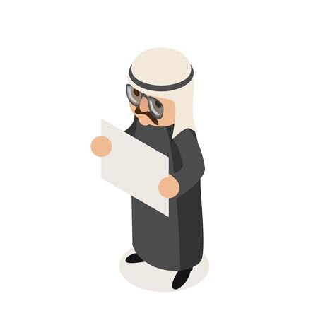 Blank paper sheet promotion arab businessman traditional national ethnic muslim clothes isometric isolated character flat design vector illustrationのイラスト素材