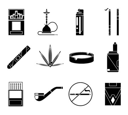 Smoking silhouette icons set cigarette pipe vape hookah matches ashtray isolated design vector illustrationのイラスト素材