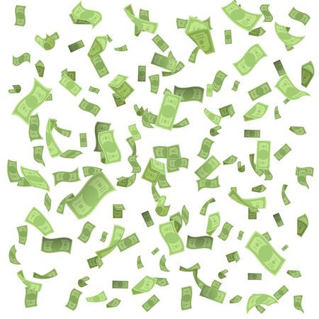 Isolated on white money rain fall earnings luck fortune banknote flying floating confetti 3d realistic design vector illustrationのイラスト素材