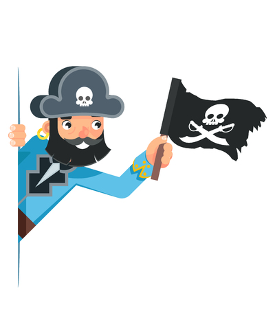 Skull flag sea dog pirate buccaneer filibuster corsair look out corner concept cartoon character design flat vector illustrationのイラスト素材