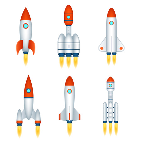 Space exploration rocket cosmos spaceship future technology symbol shuttle 3d cartoon realistic icons design set isolated on white vector illustrationのイラスト素材