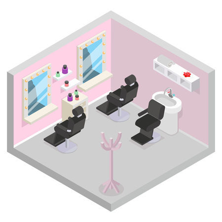 Barbershop isometric hair wash salon room barber shop equipment flat design vector illustrationのイラスト素材