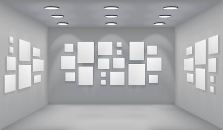 Showroom art gallery empty museum room interior background perspective with blank paper square frame template vector illustrationのイラスト素材