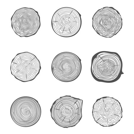 Cut tree rings background saw cut tree trunk natural decorative design set vector illustrationのイラスト素材