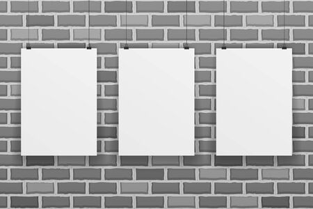 Three blank white paper sheet on raw brick wall background vector illustrationのイラスト素材